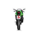 A black AKRAPOVIC Slip-On Muffler for the Ninja 250/400, showcasing the red logo and carbon fiber finish, rests on a white background. Its sleek design produces Akrapovič's iconic sound with a refined metal tip.