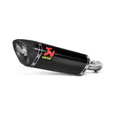 A black AKRAPOVIC Slip-On Muffler for the Ninja 250/400, showcasing the red logo and carbon fiber finish, rests on a white background. Its sleek design produces Akrapovič's iconic sound with a refined metal tip.