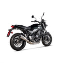 The Akrapovic Slip On Muffler Z650RS 2022-23 features a titanium muffler with a silver finish and black tip. "AKRAPOVIC" is visible on the side. Made from race-proven materials to boost power and torque, it includes mounting brackets in a cylindrical design against a white background.