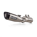 The Akrapovic Slip On Muffler Z650RS 2022-23 features a titanium muffler with a silver finish and black tip. "AKRAPOVIC" is visible on the side. Made from race-proven materials to boost power and torque, it includes mounting brackets in a cylindrical design against a white background.