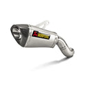 The Akrapovic Slip On Muffler Kawasaki Z900 by AKRAPOVIC features a titanium exhaust with a curved pipe and carbon fiber tip. The black and red Akrapovic logo pops against the plain white background, ensuring a remarkable performance upgrade.