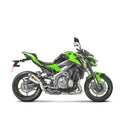 The Akrapovic Slip On Muffler Kawasaki Z900 by AKRAPOVIC features a titanium exhaust with a curved pipe and carbon fiber tip. The black and red Akrapovic logo pops against the plain white background, ensuring a remarkable performance upgrade.