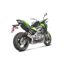 The Akrapovic Slip On Muffler Kawasaki Z900 by AKRAPOVIC features a titanium exhaust with a curved pipe and carbon fiber tip. The black and red Akrapovic logo pops against the plain white background, ensuring a remarkable performance upgrade.