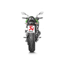 The Akrapovic Slip On Muffler Kawasaki Z900 by AKRAPOVIC features a titanium exhaust with a curved pipe and carbon fiber tip. The black and red Akrapovic logo pops against the plain white background, ensuring a remarkable performance upgrade.