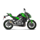 The Akrapovic Slip On Muffler Kawasaki Z900 by AKRAPOVIC features a titanium exhaust with a curved pipe and carbon fiber tip. The black and red Akrapovic logo pops against the plain white background, ensuring a remarkable performance upgrade.