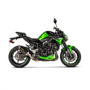 The Akrapovic Slip On Muffler Z900 20-23 by AKRAPOVIC is a high-performance motorcycle exhaust designed specifically for the Z900, featuring a carbon fibre finish and metallic components. The logo is prominently displayed in yellow and red on the body of the exhaust. The design is sleek, aerodynamic, and perfectly complements the naked and sporty aesthetic of the bike.