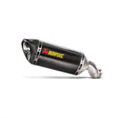 The AKRAPOVIC Slip On Muffler for the Z900A2 (2020-21) is a sleek black exhaust pipe made of lightweight carbon fiber, featuring a silver tip and curved end, with the iconic red and yellow Akrapovič logo on its side, designed to enhance motorcycle performance.