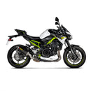 The AKRAPOVIC Slip On Muffler for the Z900A2 (2020-21) is a sleek black exhaust pipe made of lightweight carbon fiber, featuring a silver tip and curved end, with the iconic red and yellow Akrapovič logo on its side, designed to enhance motorcycle performance.