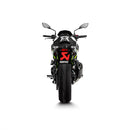 The AKRAPOVIC Slip On Muffler for the Z900A2 (2020-21) is a sleek black exhaust pipe made of lightweight carbon fiber, featuring a silver tip and curved end, with the iconic red and yellow Akrapovič logo on its side, designed to enhance motorcycle performance.
