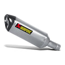 The Akrapovic Slip On Muffler GSX-R1000 by AKRAPOVIC is a sleek, silver exhaust pipe with a black tip and the iconic red and yellow logo, embodying superior titanium craftsmanship for enhanced performance.