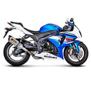 The Akrapovic Slip On Muffler GSX-R1000 by AKRAPOVIC is a sleek, silver exhaust pipe with a black tip and the iconic red and yellow logo, embodying superior titanium craftsmanship for enhanced performance.