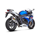 The Akrapovic Slip On Muffler GSX-R1000 by AKRAPOVIC is a sleek, silver exhaust pipe with a black tip and the iconic red and yellow logo, embodying superior titanium craftsmanship for enhanced performance.