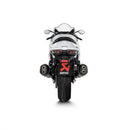 Two black AKRAPOVIC Slip On Mufflers GSX-1300R 21> with carbon-fiber tips and sleek design, crafted from lightweight titanium, positioned side by side. Featuring white Akrapovic logos and including mounting brackets for an easy plug-and-play setup.
