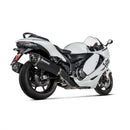 Two black AKRAPOVIC Slip On Mufflers GSX-1300R 21> with carbon-fiber tips and sleek design, crafted from lightweight titanium, positioned side by side. Featuring white Akrapovic logos and including mounting brackets for an easy plug-and-play setup.