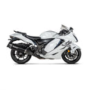 Two black AKRAPOVIC Slip On Mufflers GSX-1300R 21> with carbon-fiber tips and sleek design, crafted from lightweight titanium, positioned side by side. Featuring white Akrapovic logos and including mounting brackets for an easy plug-and-play setup.