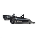 Two black AKRAPOVIC Slip On Mufflers GSX-1300R 21> with carbon-fiber tips and sleek design, crafted from lightweight titanium, positioned side by side. Featuring white Akrapovic logos and including mounting brackets for an easy plug-and-play setup.
