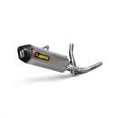 A sleek AKRAPOVIC Slip On V-Strom 650 17-23 with a silver metallic finish and carbon fiber tip features its logo on the curvy titanium muffler, set against a plain white background.