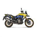 The Akrapovic Slip On Muffler V-Strom 800DE features a sleek, metallic design with a titanium outer sleeve and carbon fiber accents on a white backdrop. "AKRAPOVIC" branding is visible, highlighting its aerodynamic finish that enhances the signature Akrapovič sound.