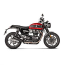 A sleek Akrapovic Slip On Speed Twin/Thruxton exhaust system featuring metallic edges is showcased against a white background. The AKRAPOVIC logo is visible on one of the dual pipes, promising its signature sound.