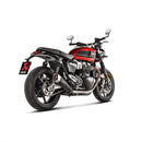 A sleek Akrapovic Slip On Speed Twin/Thruxton exhaust system featuring metallic edges is showcased against a white background. The AKRAPOVIC logo is visible on one of the dual pipes, promising its signature sound.