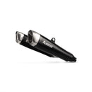 A sleek Akrapovic Slip On Speed Twin/Thruxton exhaust system featuring metallic edges is showcased against a white background. The AKRAPOVIC logo is visible on one of the dual pipes, promising its signature sound.
