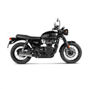 The Akrapovic Slip On Bonneville T120 16-20 exhaust features two metallic pipes with black tips and the AKRAPOVIC logo, enhancing sound. Designed for motorcycles, they include mounting brackets and are parallel against a white background, showcasing sleek precision.