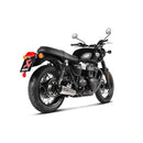The Akrapovic Slip On Bonneville T120 16-20 exhaust features two metallic pipes with black tips and the AKRAPOVIC logo, enhancing sound. Designed for motorcycles, they include mounting brackets and are parallel against a white background, showcasing sleek precision.