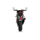 The Akrapovic Slip On Triumph Speed Triple is a sleek, metallic motorcycle exhaust with a matte finish and a race-inspired design. It sports AKRAPOVIC's red and black logo on its triangular dual-outlet shape, ensuring performance and style, while being Euro 5 compliant for eco-conscious riders.