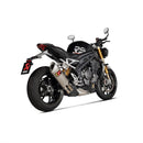 The Akrapovic Slip On Triumph Speed Triple is a sleek, metallic motorcycle exhaust with a matte finish and a race-inspired design. It sports AKRAPOVIC's red and black logo on its triangular dual-outlet shape, ensuring performance and style, while being Euro 5 compliant for eco-conscious riders.