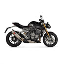 The Akrapovic Slip On Triumph Speed Triple is a sleek, metallic motorcycle exhaust with a matte finish and a race-inspired design. It sports AKRAPOVIC's red and black logo on its triangular dual-outlet shape, ensuring performance and style, while being Euro 5 compliant for eco-conscious riders.