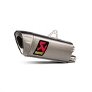 The Akrapovic Slip On Triumph Speed Triple is a sleek, metallic motorcycle exhaust with a matte finish and a race-inspired design. It sports AKRAPOVIC's red and black logo on its triangular dual-outlet shape, ensuring performance and style, while being Euro 5 compliant for eco-conscious riders.