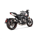 The Akrapovic Full System Trident 660 22-23 by AKRAPOVIC features a sleek design with a matte black silencer and shiny silver pipes. It has four curved pipes merging into one, providing power gains, a modern high-performance look, and a unique sound experience on every ride.