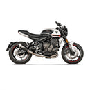 The Akrapovic Full System Trident 660 22-23 by AKRAPOVIC features a sleek design with a matte black silencer and shiny silver pipes. It has four curved pipes merging into one, providing power gains, a modern high-performance look, and a unique sound experience on every ride.