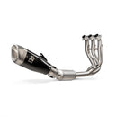 The Akrapovic Full System Trident 660 22-23 by AKRAPOVIC features a sleek design with a matte black silencer and shiny silver pipes. It has four curved pipes merging into one, providing power gains, a modern high-performance look, and a unique sound experience on every ride.