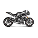 The Akrapovic Slip On for Triumph Street Triple features a carbon-fiber finish, metallic pipe, and is branded with a red "S" logo. This design enhances the AKRAPOVIC sound for an exhilarating ride.