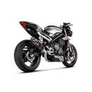 The Akrapovic Slip On for Triumph Street Triple features a carbon-fiber finish, metallic pipe, and is branded with a red "S" logo. This design enhances the AKRAPOVIC sound for an exhilarating ride.