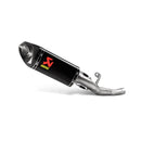 The Akrapovic Slip On for Triumph Street Triple features a carbon-fiber finish, metallic pipe, and is branded with a red "S" logo. This design enhances the AKRAPOVIC sound for an exhilarating ride.