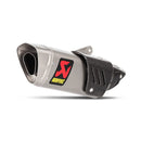 The Akrapovic Slip-On Muffler for Yamaha MT10 features a sleek titanium build with a carbon fiber tip, adorned with the AKRAPOVIC logo in yellow and red. Designed to enhance performance, it is perfect for your Yamaha MT-10.
