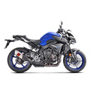 The Akrapovic Slip-On Muffler for Yamaha MT10 features a sleek titanium build with a carbon fiber tip, adorned with the AKRAPOVIC logo in yellow and red. Designed to enhance performance, it is perfect for your Yamaha MT-10.