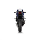 The Akrapovic Slip-On Muffler R3/MT03 22-23 by AKRAPOVIC is a metallic slip-on motorcycle exhaust with a mesh end and red-black Akrapovič logo. It features a sleek, curved design for improved performance, showcased on a plain white background.