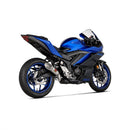The Akrapovic Slip-On Muffler R3/MT03 22-23 by AKRAPOVIC is a metallic slip-on motorcycle exhaust with a mesh end and red-black Akrapovič logo. It features a sleek, curved design for improved performance, showcased on a plain white background.