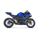 The Akrapovic Slip-On Muffler R3/MT03 22-23 by AKRAPOVIC is a metallic slip-on motorcycle exhaust with a mesh end and red-black Akrapovič logo. It features a sleek, curved design for improved performance, showcased on a plain white background.