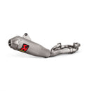 The Akrapovic Full Ti System Yamaha YZ450F is a sleek, cylindrical titanium motorcycle exhaust with a streamlined design, featuring smooth curves and a professional finish. It sports a prominent red and black AKRAPOVIC logo against a plain white background, embodying motorcycle racing excellence.