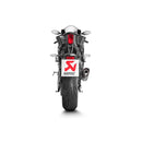 A silver motorcycle exhaust system with a black and red logo, featuring four exhaust pipes converging into a single muffler. The AKRAPOVIC Akrapovic Full System YZF-R6 2007-23 enhances engine performance, complete with a heat shield and sleek design.