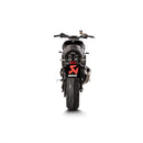 The Akrapovic Full System XSR900 22-23 by AKRAPOVIC, set against a white background, features a sleek cylindrical muffler emblazoned with the brand logo and elegant pipes. This stainless steel creation blends neo-retro style with high performance.