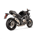 The Akrapovic Full System XSR900 22-23 by AKRAPOVIC, set against a white background, features a sleek cylindrical muffler emblazoned with the brand logo and elegant pipes. This stainless steel creation blends neo-retro style with high performance.