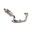 The Akrapovic Full System XSR900 22-23 by AKRAPOVIC, set against a white background, features a sleek cylindrical muffler emblazoned with the brand logo and elegant pipes. This stainless steel creation blends neo-retro style with high performance.