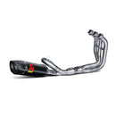 The Akrapovic Full System for Yamaha MT09/XSR900 by AKRAPOVIC is a racing exhaust with a sleek metallic finish, featuring multiple curved pipes leading to a black carbon fiber muffler adorned with a red and yellow logo.
