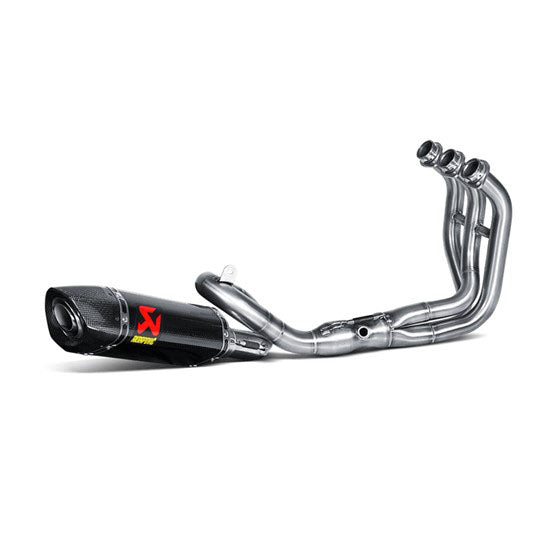 The Akrapovic Full System for Yamaha MT09/XSR900 by AKRAPOVIC is a racing exhaust with a sleek metallic finish, featuring multiple curved pipes leading to a black carbon fiber muffler adorned with a red and yellow logo.