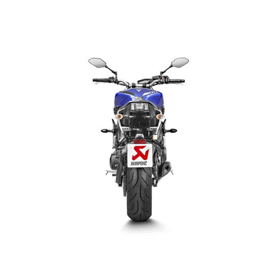 The Akrapovic Full System for Yamaha MT09/XSR900 by AKRAPOVIC is a racing exhaust with a sleek metallic finish, featuring multiple curved pipes leading to a black carbon fiber muffler adorned with a red and yellow logo.